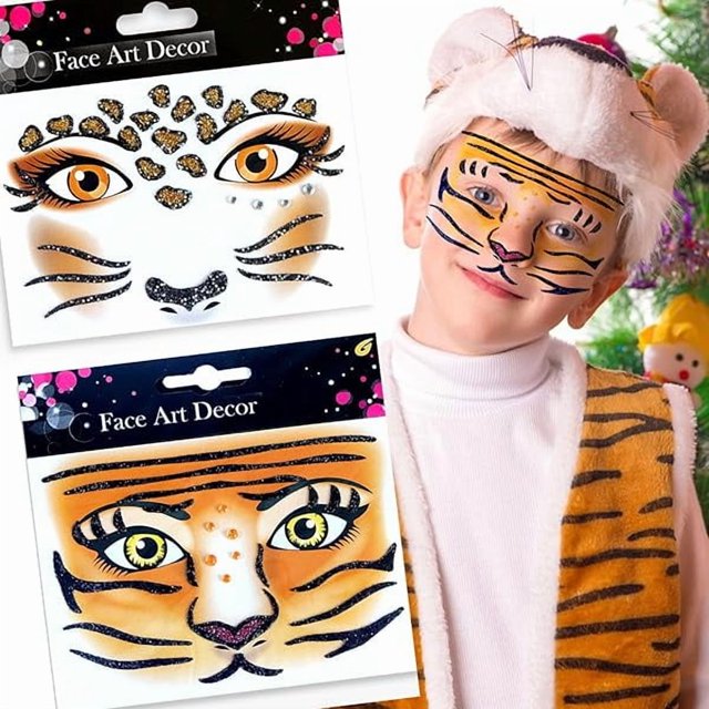 wonima02 Leopard Tiger Glitter Face Tattoo Stickers for Kids - Temporary Body Art Makeup for Halloween, Cosplay, Birthday Party, Festival - Waterproof Fake Tattoo Stickers - 2Pcs (Wild Animal Design)