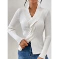 thumbnail image 4 of Sweaters for Women Fall Long Sleeve V Neck Ribbed Knit Sweater Slim Fit Solid Basic Casual Tops White M, 4 of 10