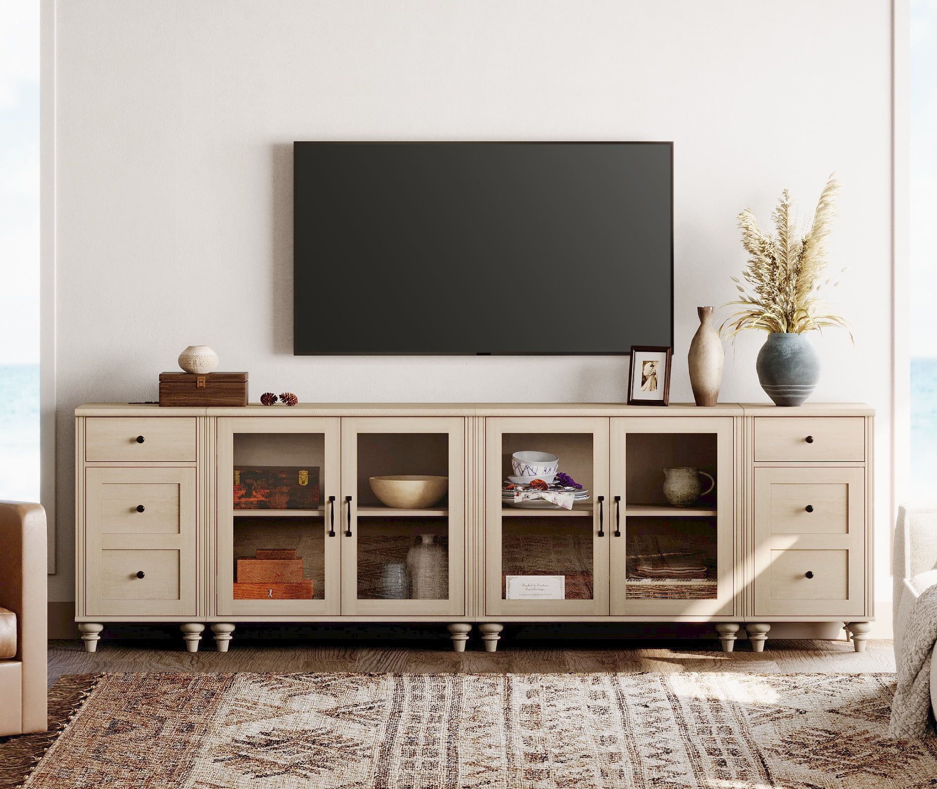 WAMPAT TV Stand for 100 Inch TV, Wood TV Console Table for 85 90 95 Inch TV, Entertainment Center with Charging Station & Glass Door, TV Stand for Dining Room, Beige