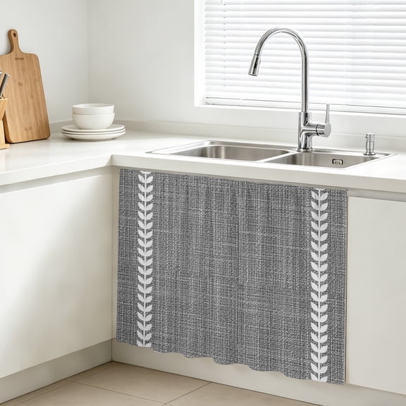 Vintage Dark Grey Cabinet Curtains for Kitchen 28"Wx35"L, Country Pastoral Farmhouse Minimalist Leaf Stripe Farmhouse Sink Skirt Magic Tape Short Curtain Decorative Privacy Panel for Bathroom Laundry