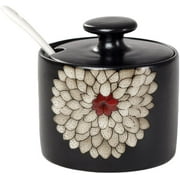Japanese Style Ceramic Floral Sugar Bowl with Lid and Spoon (Chrysanthemum)