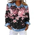 thumbnail image 2 of Long Sleeve Crewneck Pullover for Women Faux Denim Collar Leaf Print Sweatshirt Loose Fit Casual Graphic Top Soft Breathable Daily Wear Clothes, 2 of 5