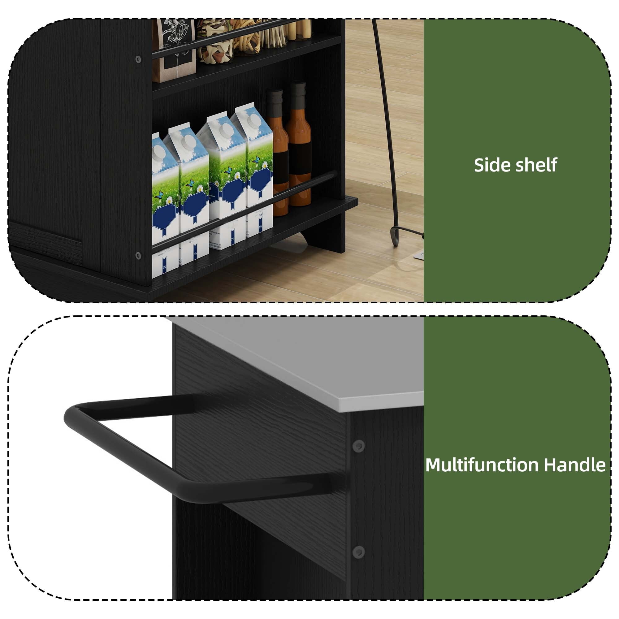 Uforic Kitchen Island with Storage & Drop Leaf, Kitchen Island Cart with Power Outlets, Black