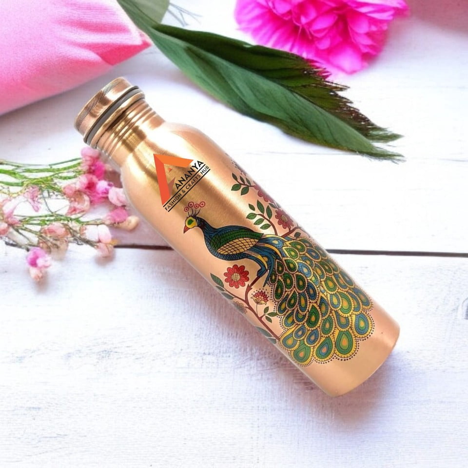Pure Copper Bottle for Water, Digital Printed, Outside Peacock Design, Joint Less, Capacity 1000 ML