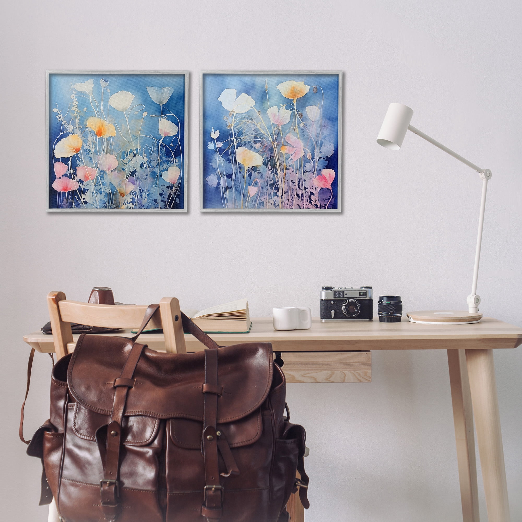 Stupell Industries Abstract Poppies on Blue Botanical & Floral Painting Gray Framed Art Print Wall Art, 17 x 17, Set of 2