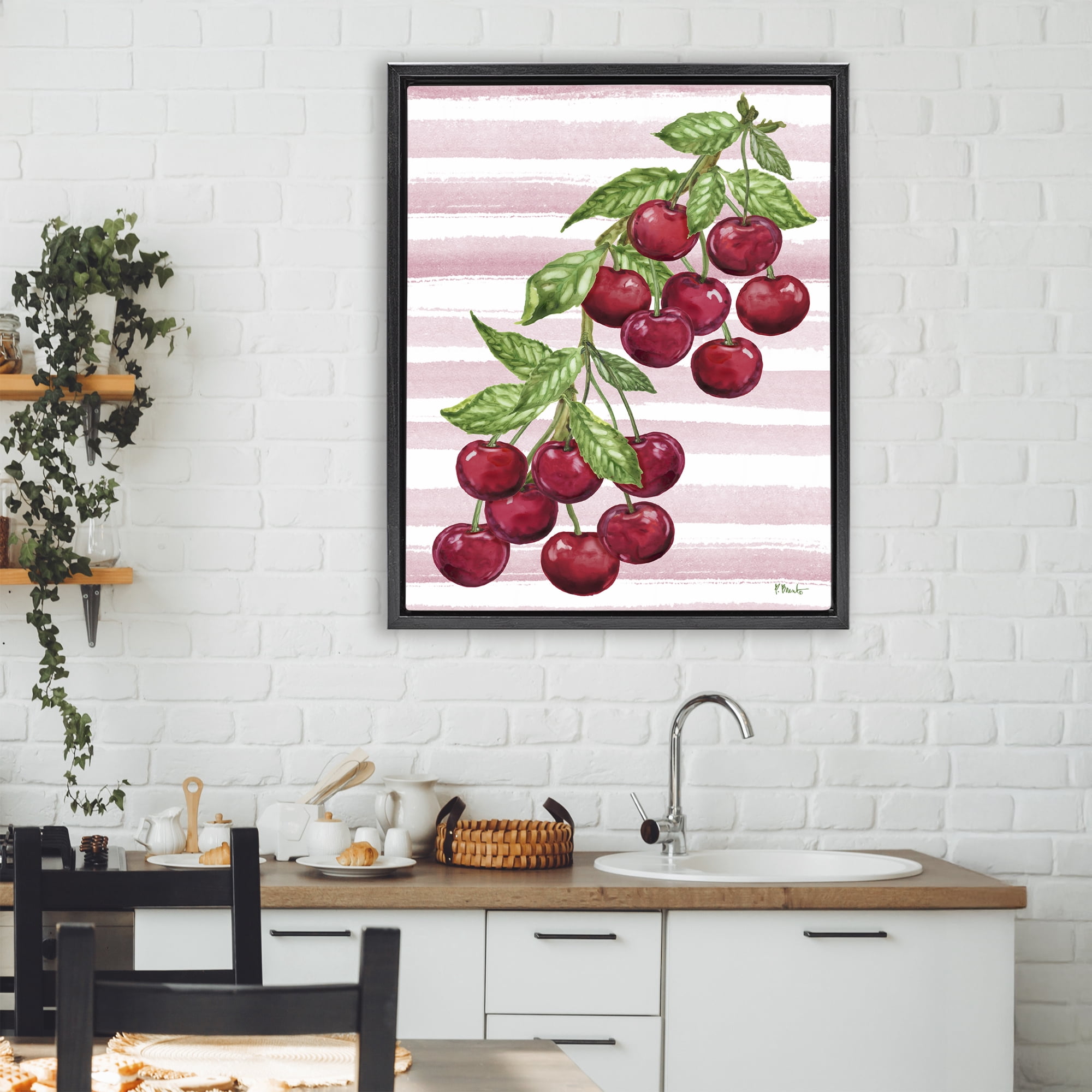 Stupell Industries Juicy Cherry Vine on Stripes Black Framed Floater Canvas Wall Art, design by Paul Brent