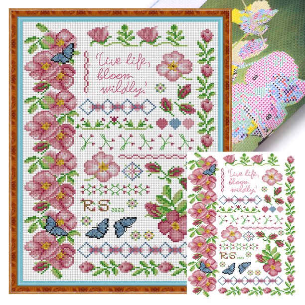 Kit Punto Cruz Con Flores Estampadas en Hilo Algodón Ecológico Bordado 14 Quilates