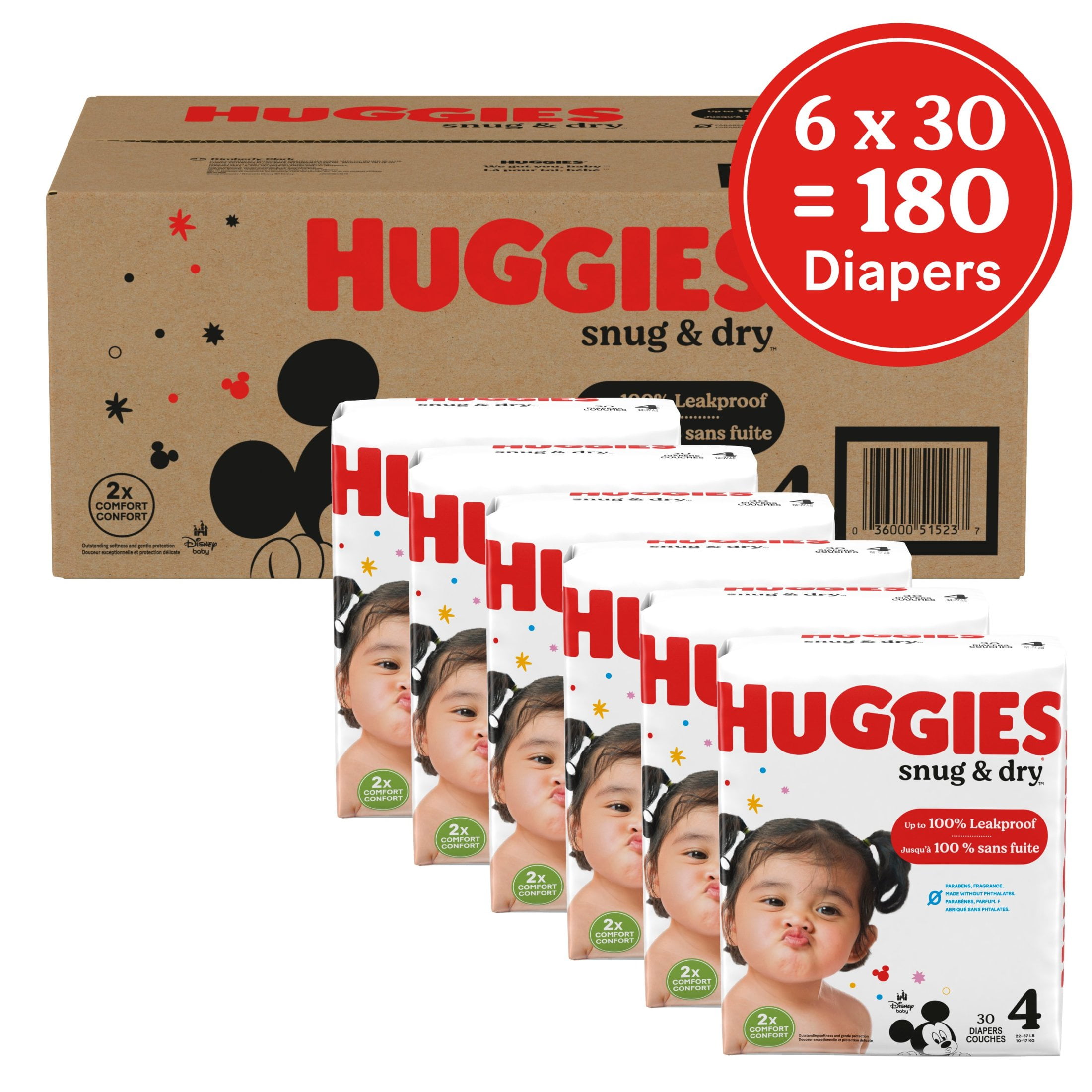 Huggies Snug & Dry Baby Diapers, Size 4 (22-37 lbs), 180 Ct (Select for More)
