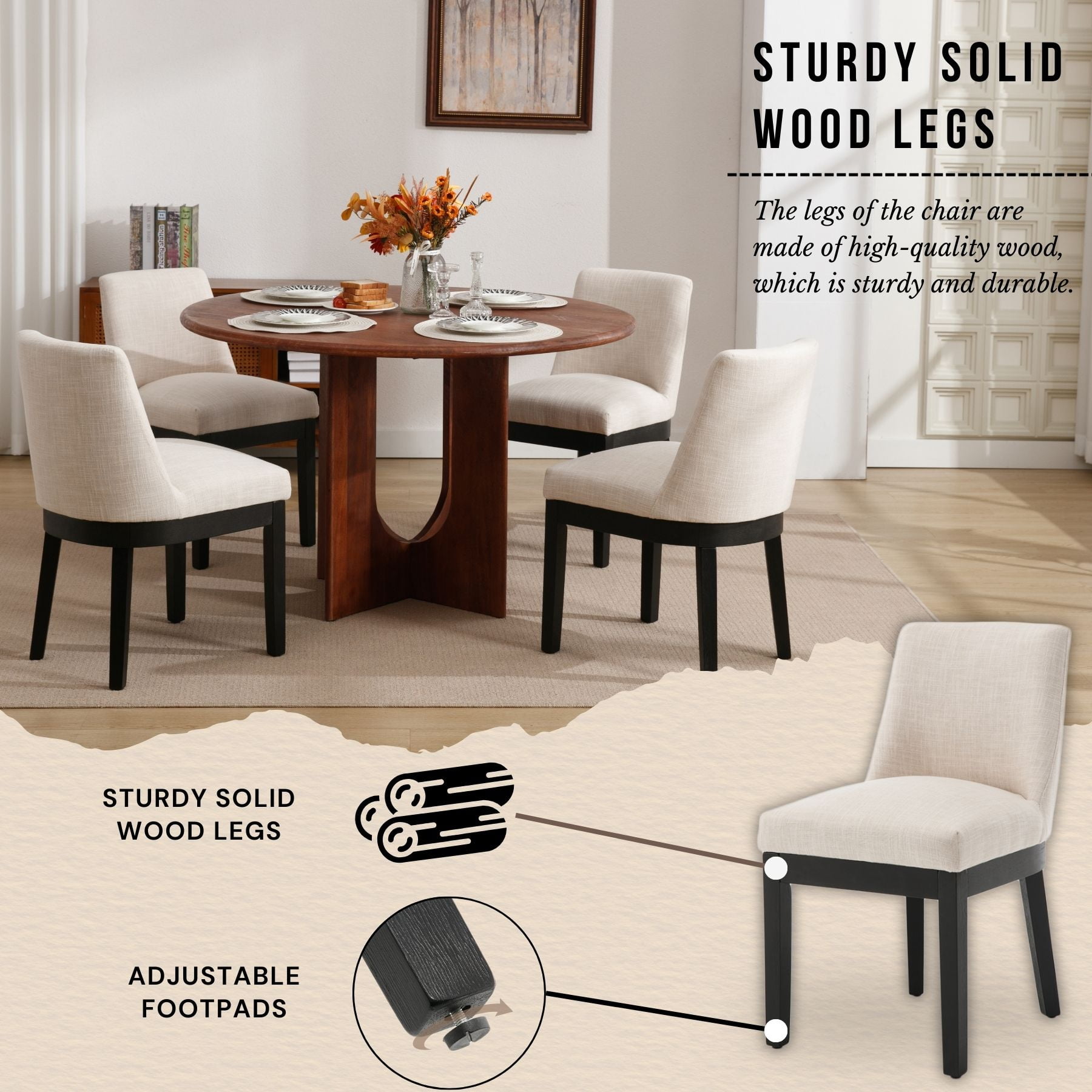 Dayalane Modern Dining Chairs Set of 2, Linen Upholstered Farmhouse Kitchen Chairs with Curved Backrest, Wooden Side Chairs for Dining Room Living Room Bedroom, Beige