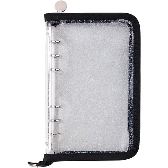 JZWAL-Standard 6-Ring Glitter Zipper Soft PVC Notebook Cover Protector Round Ring Binder Loose Leaf Folde for Ring-Bound Planner Page (Inner Paper Not Included) (A6)