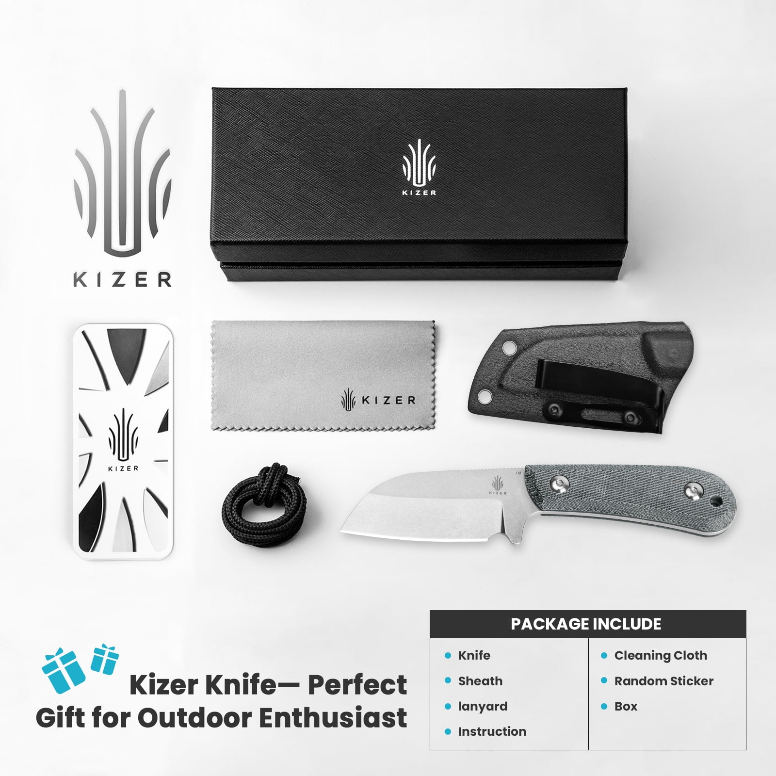 Kizer Deckhand Fixed Blade Knife D2 Steel Blade Micarta+G10 Handle With Sheath, 1062A1