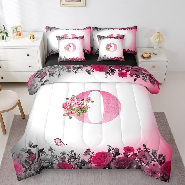 Erosebridal Ensembles de Literie à Lettres Format Simple pour Ados, Ensembles de Douillette à Motif de Roses avec Draps, Décoration de Chambre Papillon, Réversible, Respirant, 7 Pcs