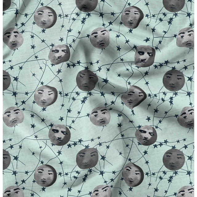 Soimoi Polyester Crepe Fabric Moon & Stars Galaxy Fabric Prints by Yard 42 Inch Wide