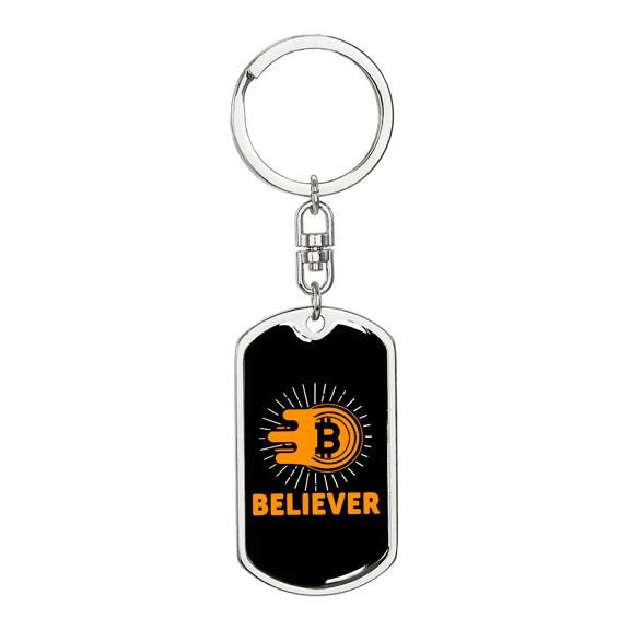 Bitcoin Believer Crypto Stainless Steel or 18k Gold Premium Swivel Dog Tag Keychain