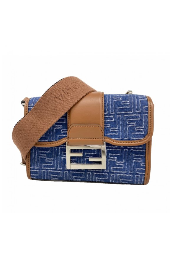 Pre-Owned Fendi Shoulder Bag, Double Bucket Style, Leather, Denim, Blue/Brown, Women's, OP009714