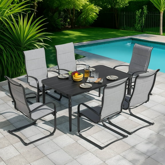 Nuu Garden Outdoor 7-Piece Breathable Textilene Dining Set with Umbrella Hole, Patio All-Weather Padded Textilene Furniture Set, Black and Gray