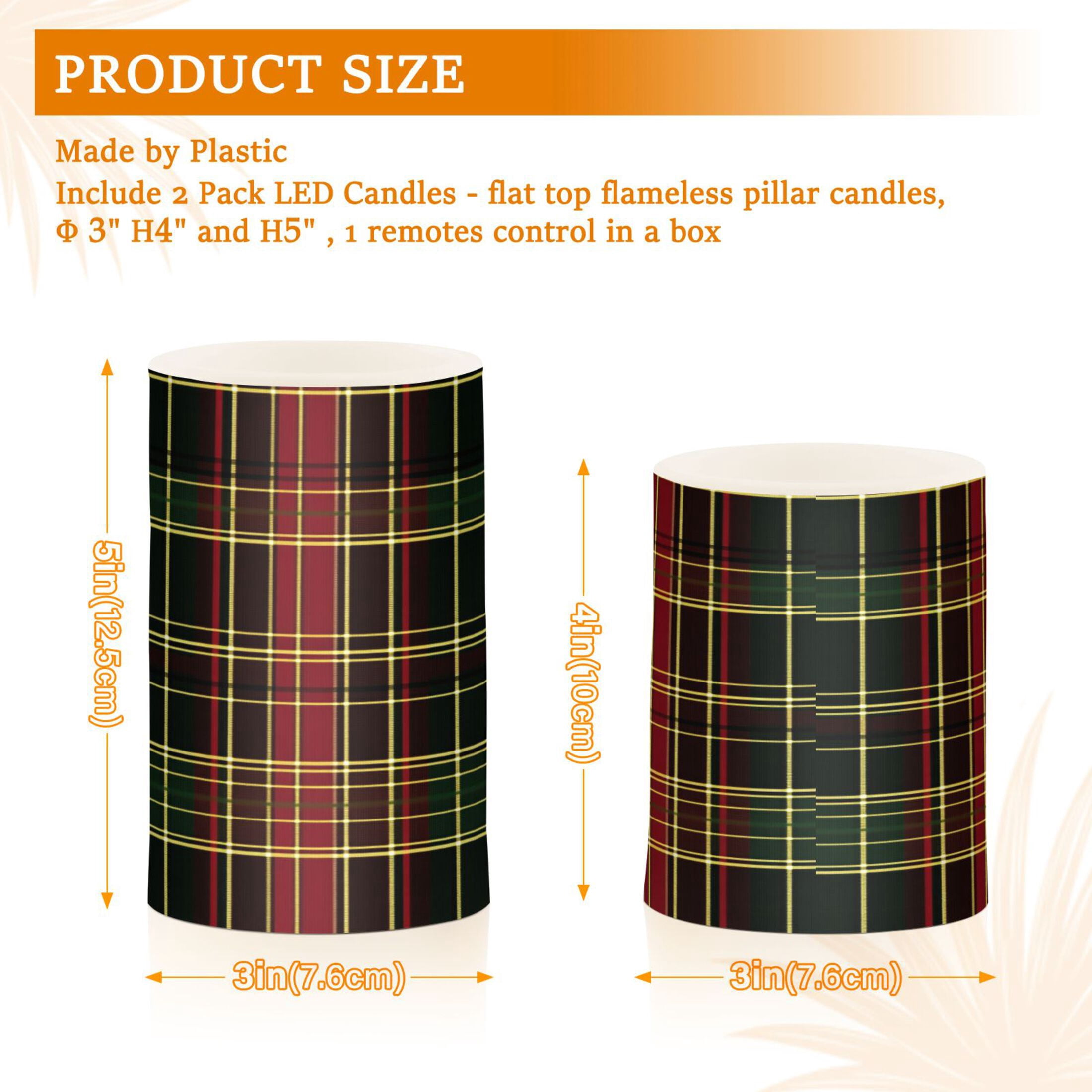 2 PCS Flameless Candles with Remote Timer LED Battery Operated Flickering Candle Light for Wedding Table Home Decoration Gifts Red and Green Tartan Plaid