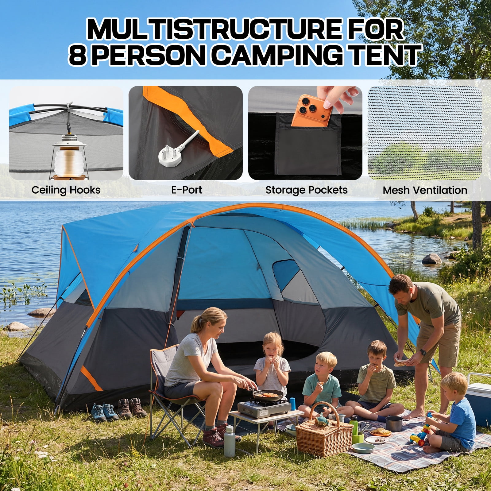 HOTEEL 8-10 Person Tent for Camping, Easy Setup Camping Tent with Rainfly & Screen Windows for Camping/Traveling/Family Gathering/Hiking/Beach, Blue