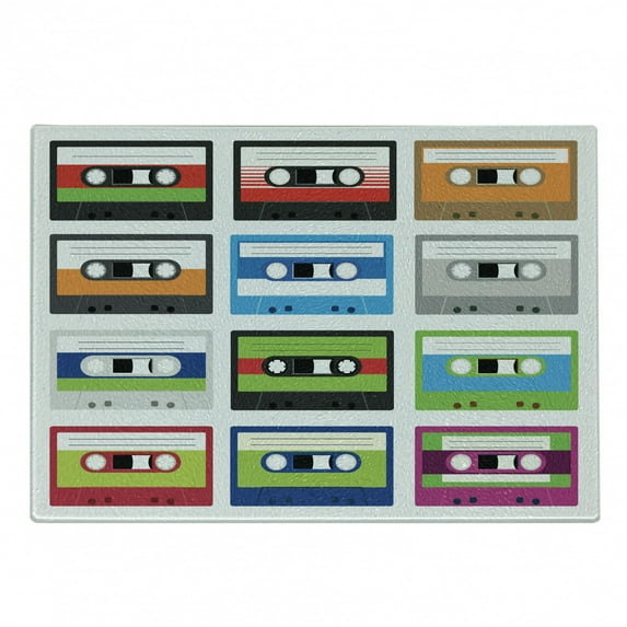 90s Cutting Board, Composition of Retro Plastic Audio Cassettes Tapes Old Technology Entertainment Theme, Decorative Tempered Glass Cutting and Serving Board, Small Size, Green Blue, by Ambesonne