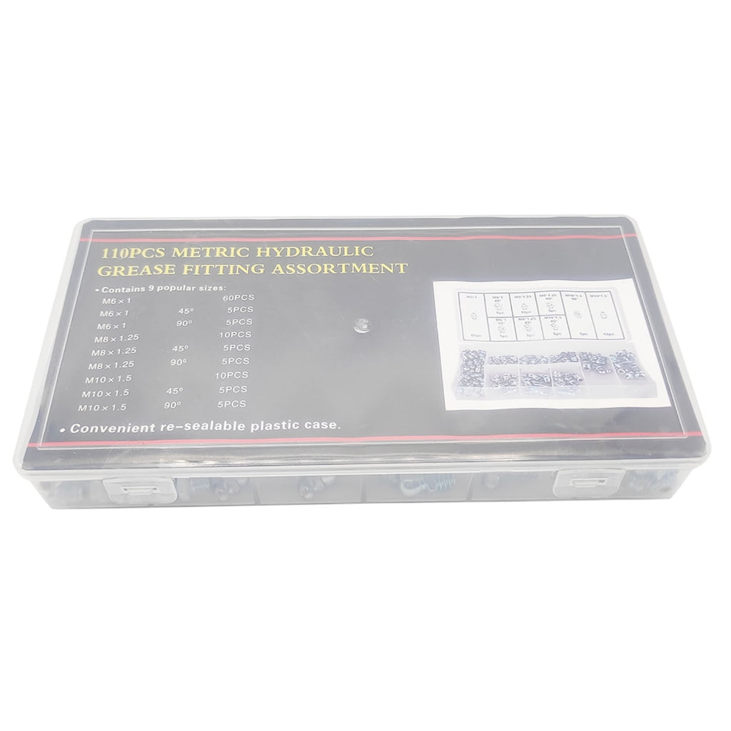 110Pcs Grease Fittings Metric Grease Fitting Assortment Kit Standard Grease Fittings Grease Zerks Straight and Angled