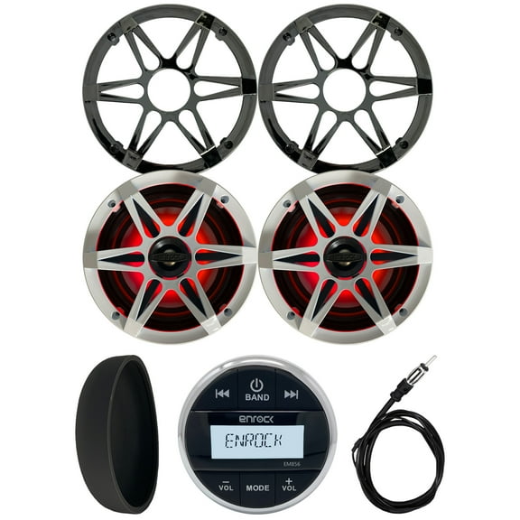 Enrock Marine Gauge Style Media Center Bluetooth USB AUX Receiver Bundle Combo with 2x 6.5" 120W Waterproof 2-Way MultiColor LED Speakers with Chrome/White Grilles, Radio Cover, Wired AM/FM Antenna