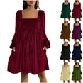 thumbnail image 1 of Lekwk Robe en Velours pour Femmes Taille Haute à Encolure Carrée à Manches Longues Robe Décontractée Vintage Plissée Robes Mini Légères Élégantes pour Fête de Noël, Cocktail, 1 of 10