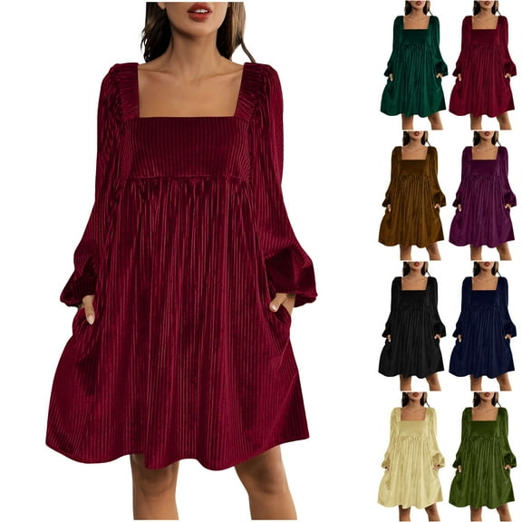 Mifsaly Velvet Wedding Guest Dress Women Ribbed Square Neck Velour Elegant Dresses Loose Long Sleeve Evening Cocktail Party Gowns Travel Funny Festival Fashion Outfits Wine XXL