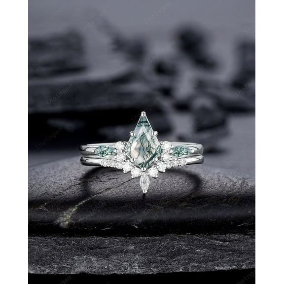 Kite Shape Moss Agate Engagement Ring Set, White Gold Sterling Silver 925 Green Moss Agate Promise Anniversary Ring Gift for Women