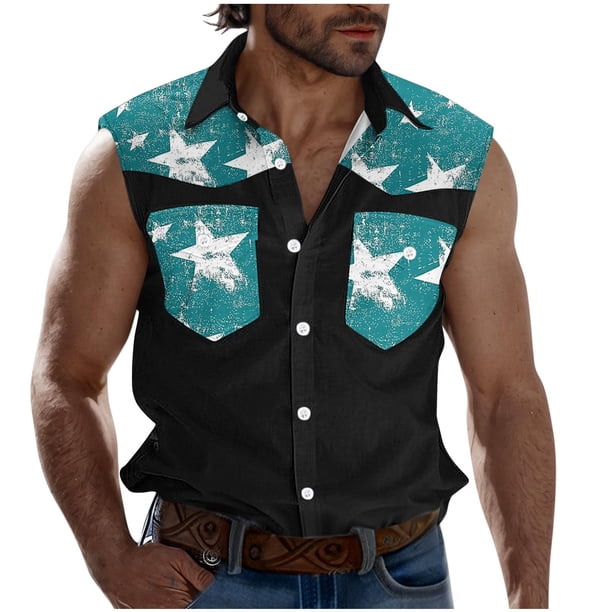 Camisas de Cuello para Hombres, Moda Casual Día de la Independencia Imprimir Turndown Bolsillos sin Mangas Tanque Deportivo