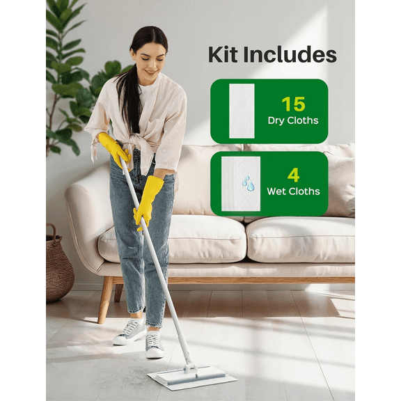 Homitt Mop Pads Refill, 15 Dry Cloths & 4 Wet Cloths, Dry & Wet Floor Cleaner for Dirt, Dust, Hair, All Purpose Cleaning Mop Pads for Home, Kitchen, Bathroom