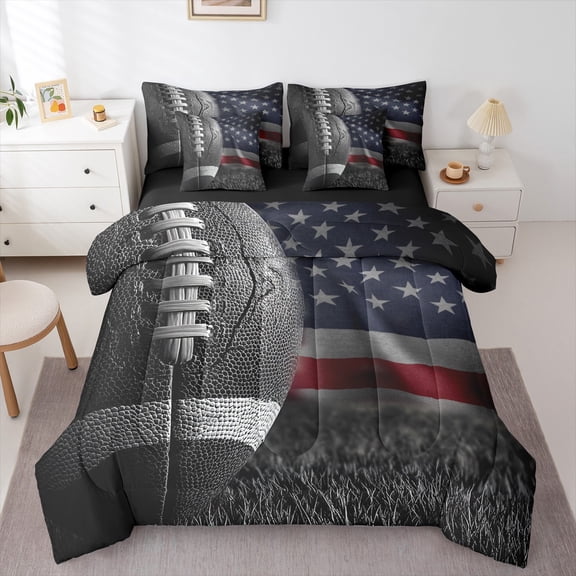 Feelyou 3D Rugby Print Bedding Comforter Set 7 Pieces for Kids, Vintage American Flag Full Bedding Set, Modern Football Soccer Lover Reversible Fitted Sheet Flat Sheet, Breathable Home Decor