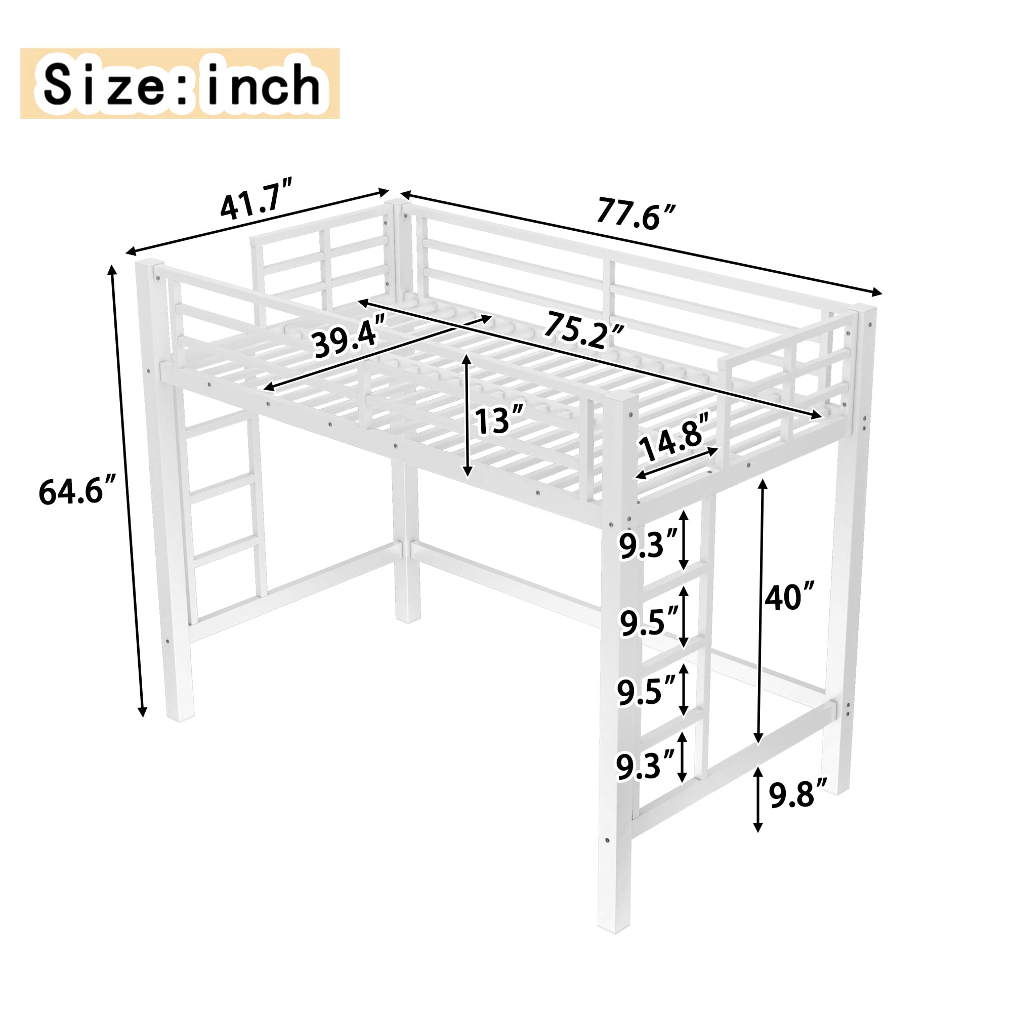 Jopath Twin Size Metal Loft Bed, Loft Bed with Easy Climbing Ladder and Guardrails for Adult Teen White