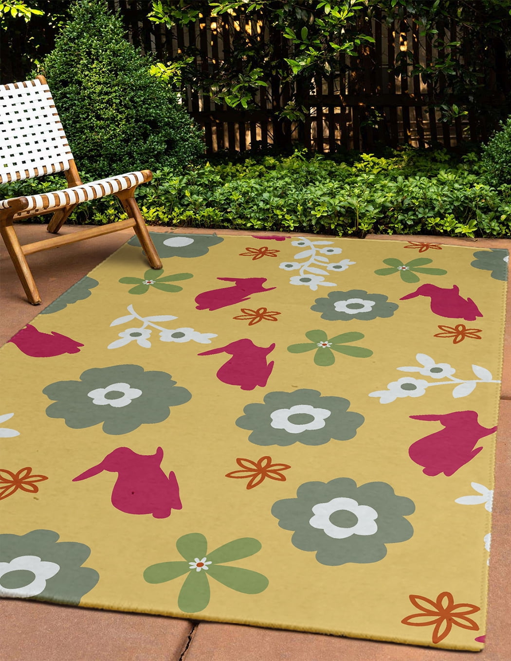 4' x 6' Simply Daisy Flowery Love with Bunnies Traditional Chenille Area Rug, Daffodil Yellow-Pink