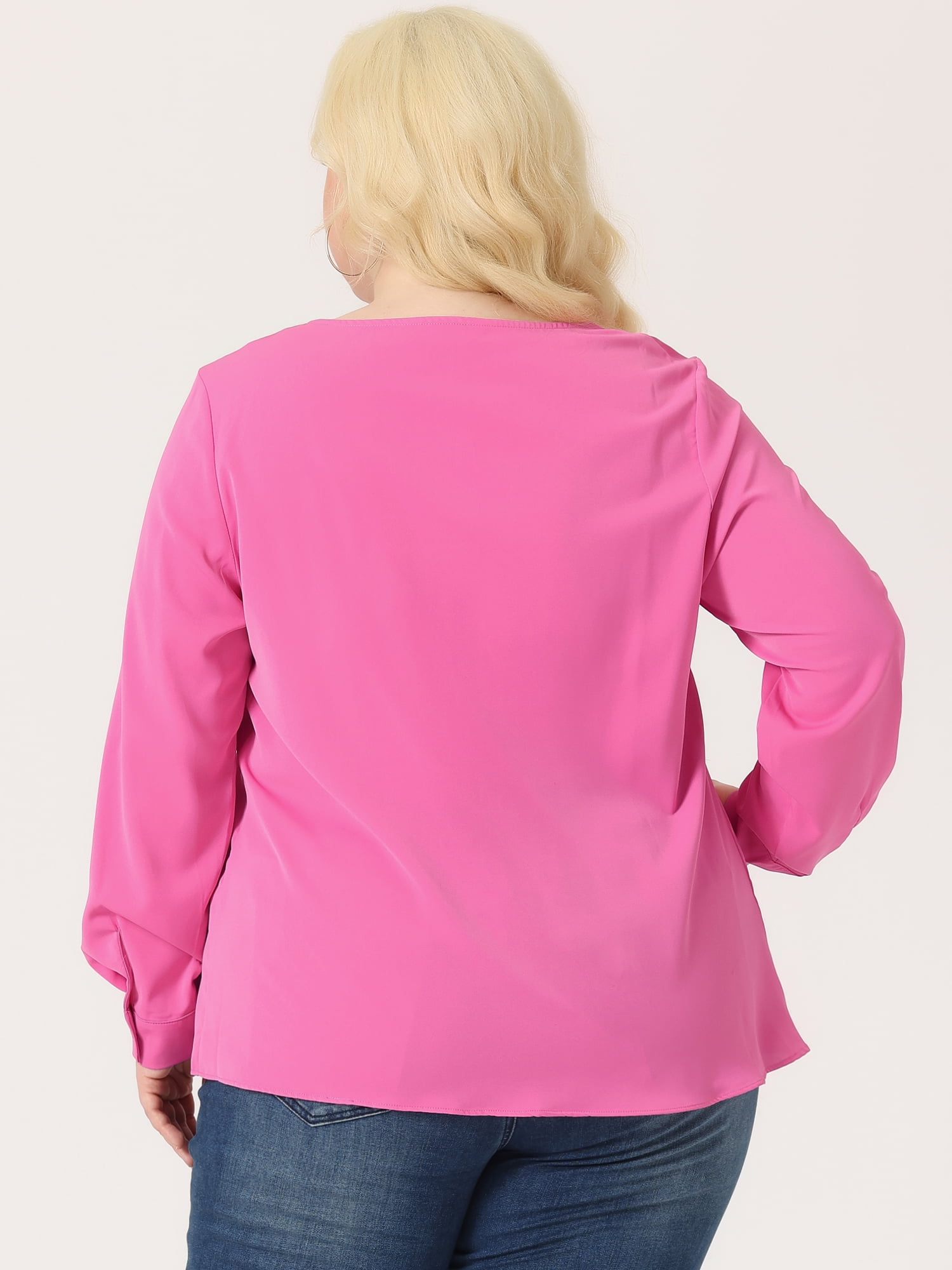 Unique Bargains Women's Plus Size V Neck Loose Long Sleeve Twist Knot Top 1X Hot Pink