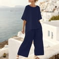 thumbnail image 4 of Xdegoge Linen Two Piece Lounge Sets for Women Casual Short Sleeve Asymmetrical Top and Cropped Wide Leg Pants Outfit Loose Fit Drawstring Waist Trousers Flowy Summer Activewear, 4 of 9