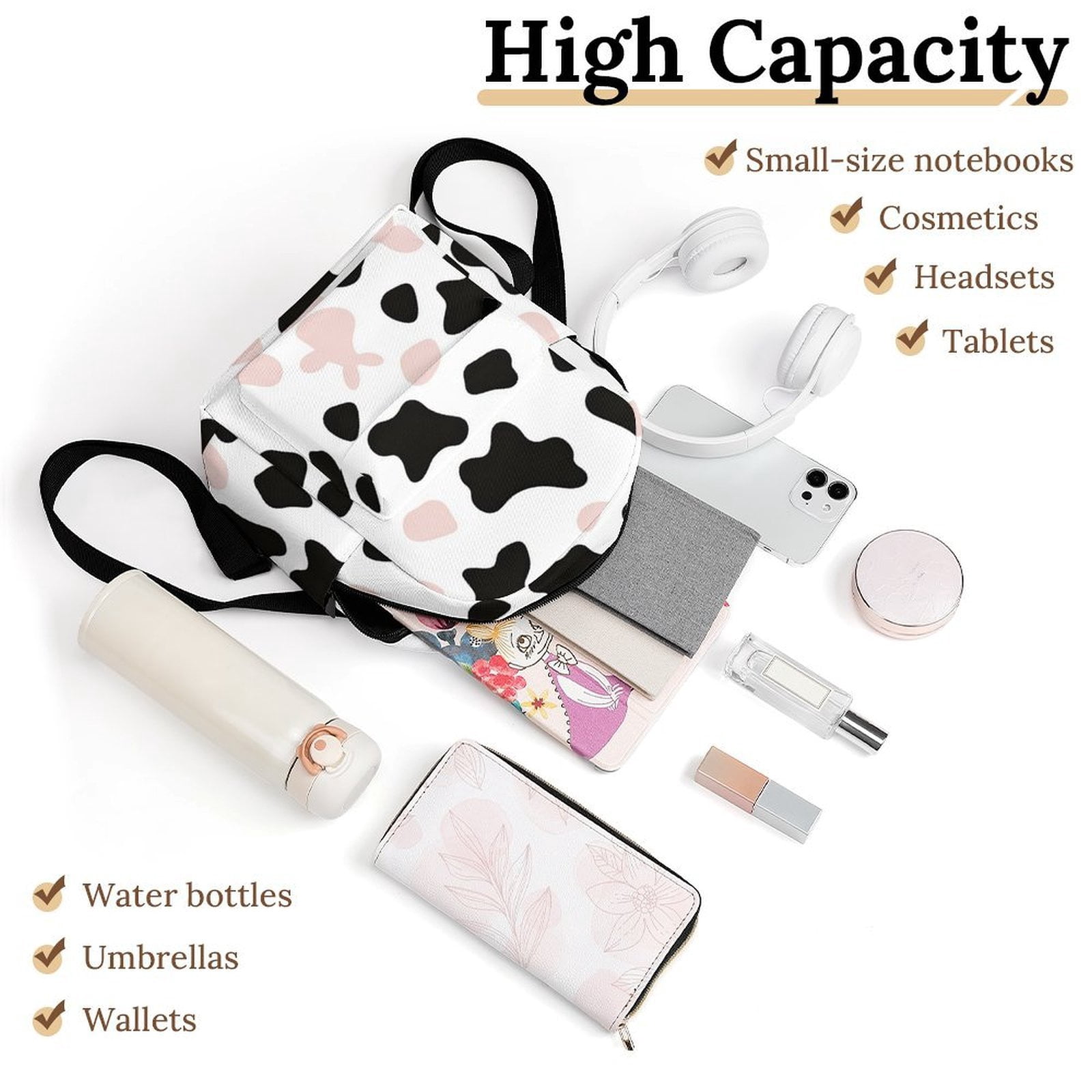 8.1×10in Casual Women'S Backpack With Anti-Contraction And Stretch For Sports Activities Travel Picnics Simple Cow Print Pattern White Background, Pink And White_3