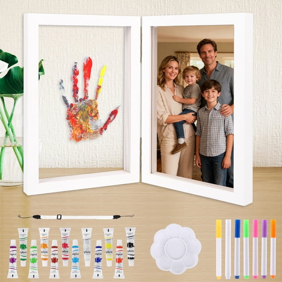 Family Handprint Kit with Photo,Includes 12 Safe Paints, 5 Acrylic Sheets,Wooden Handprint Keepsake for New Parents, Grandparents,Mother's Day Gifts