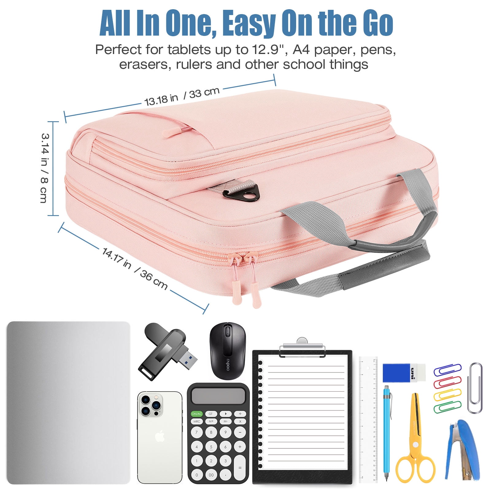 MoKo Zipper Binder with Strap Handle, 2 inch 3 Ring 500 Sheet Capacity Multi-Pockets Binder Organizer, School Office Supplies, Pink