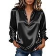 thumbnail image 2 of Qgtaibl Women's Satin Work Blouse Collar V Neck Long Sleeve Casual Business Shirts Solid Color Loose Fit Comfy Dressy Tops Black XL, 2 of 9