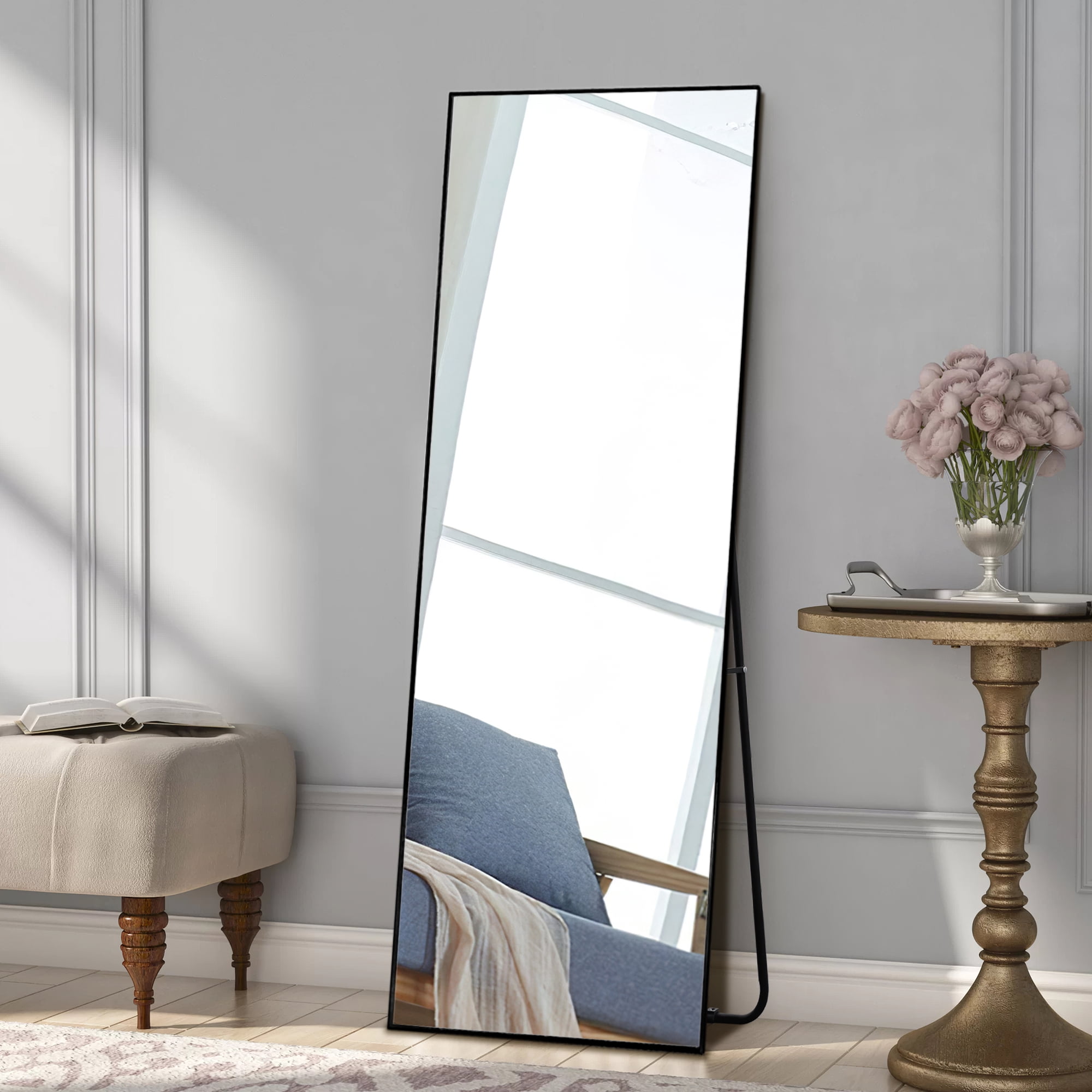 59"x16" Full Length Mirror with Stand Aluminum Alloy Mirror Night Black