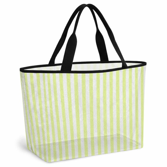 Yellow White Stripe Beach Bag for Women, Large Breathable Mesh Beach Tote Bag, Modern Minimalist Geometric Striped Sandproof Lightweight Travel Bags for Vacation Picnic Swimming Pool 15.7"x15.7"x9.1"