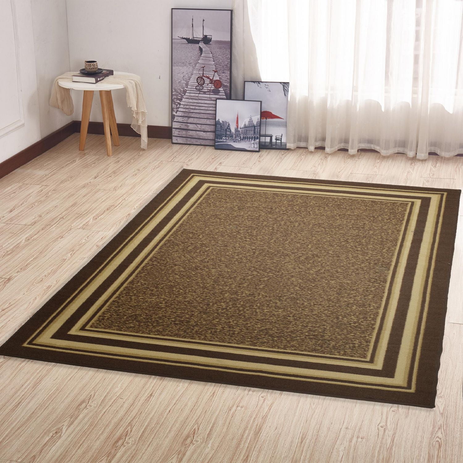 Ottomanson Ottohome Collection Non-Slip Rubberback Bordered Design Indoor Area Runner Rug, Brown