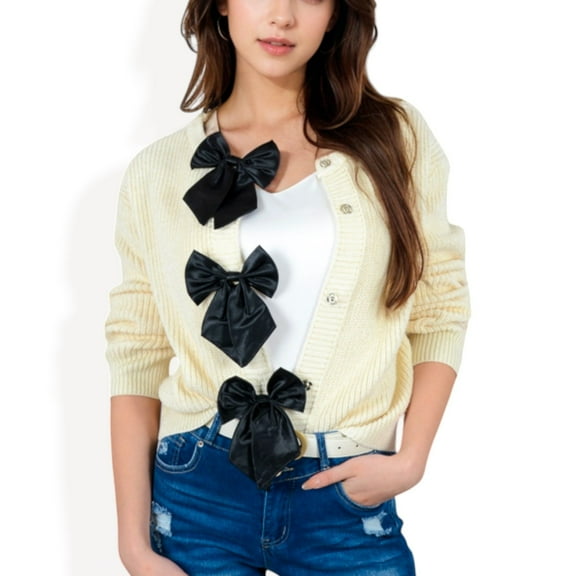 Women's Open Front Cardigan with Bow Detail and Relaxed Fit - Medium, White