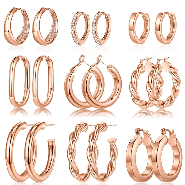 Turandoss 14K Rose Gold Huggie Hoop Earrings, 9-Pair Set photo 1