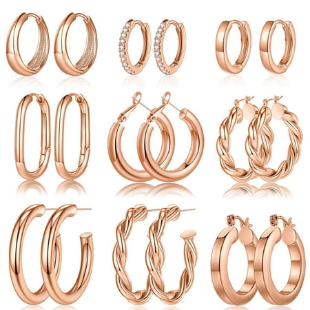 Turandoss 9 Pairs 14K Rose Gold Plated Chunky Twisted Huggie Hoop Earrings Set for Women Waterproof Thick Lightweight Jewelry Trend Christmas Birthday Gifts for Women