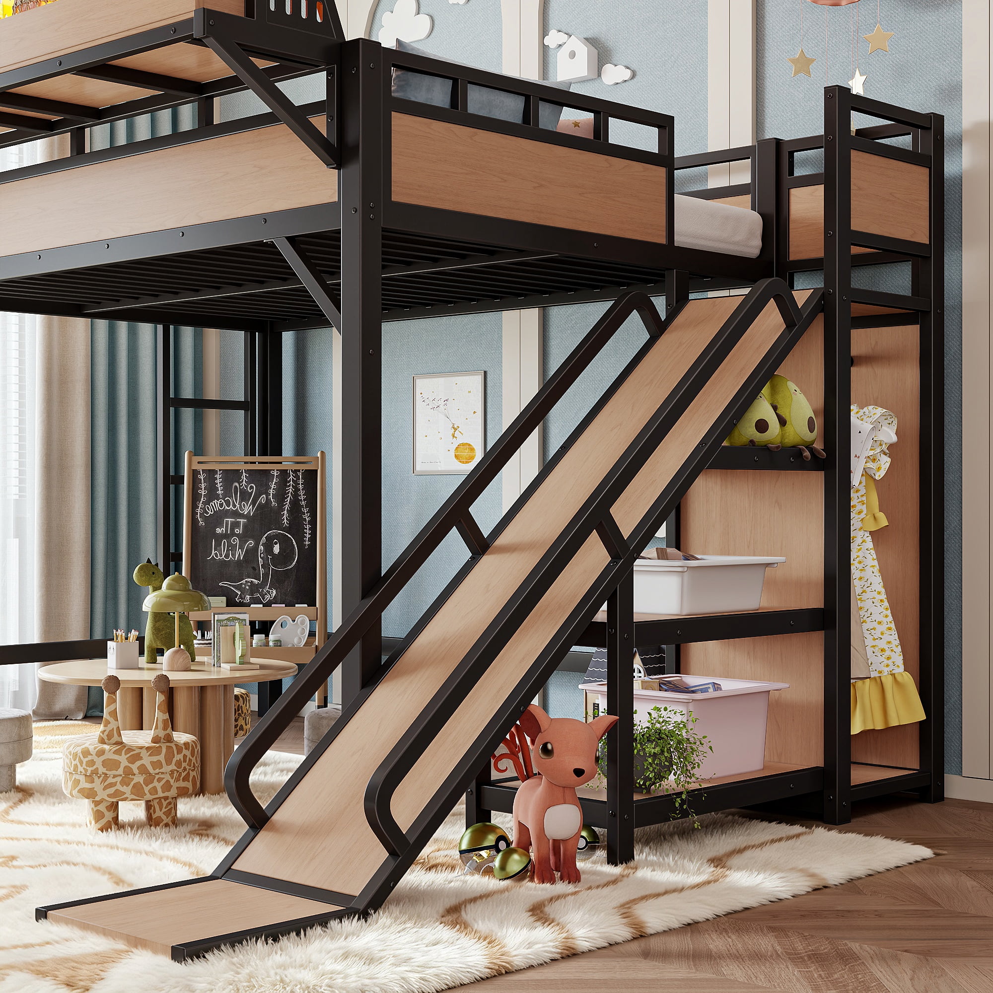 Full Size Metal Loft Bed with Slide and Storage Shelves, Built-in Wardrobe and USB Ports with LED Lights for Kids, Natural
