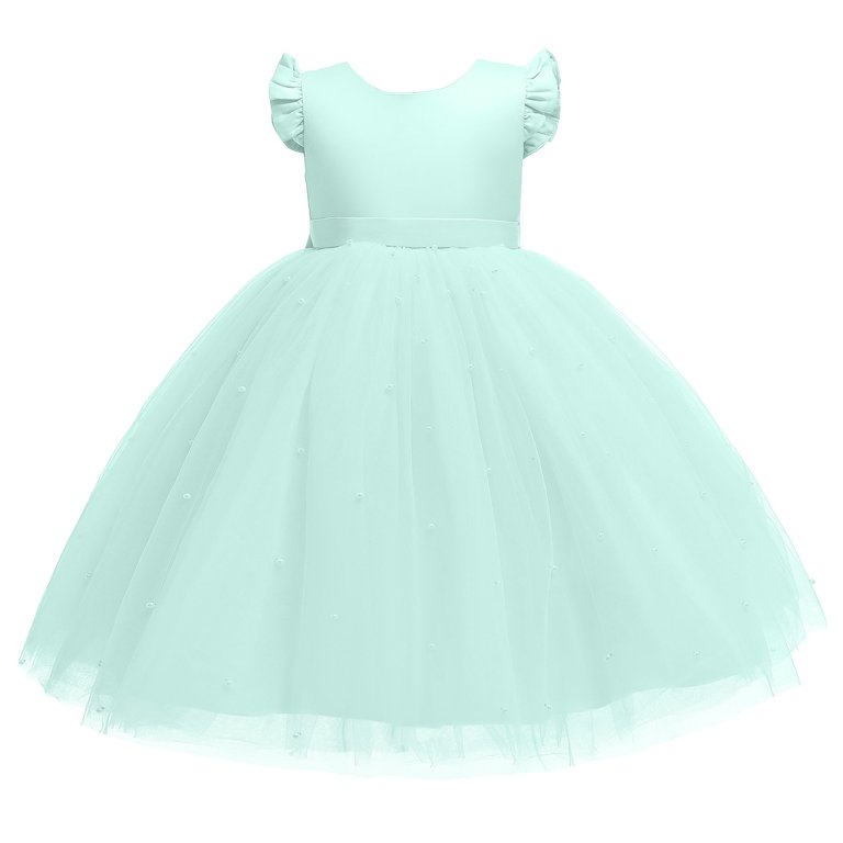 Light Blue Dresses for Teens Formal Ruffle Sleeve Satin Dress Crew Neck  Tulle Flower Girl Dresses for Wedding Party Princess Dress Up for Girls 4-6  Gowns and Evening Dresses,Light Blue 11-12 Years -