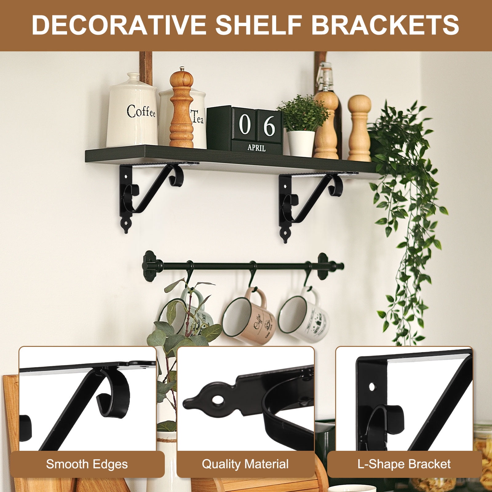 Uxcell 4 Pcs Decorative Shelf Brackets, 200mm/8 Inch Heavy Duty Floating Shelf Brackets for Wall Bookshelves Shelves Support, Black