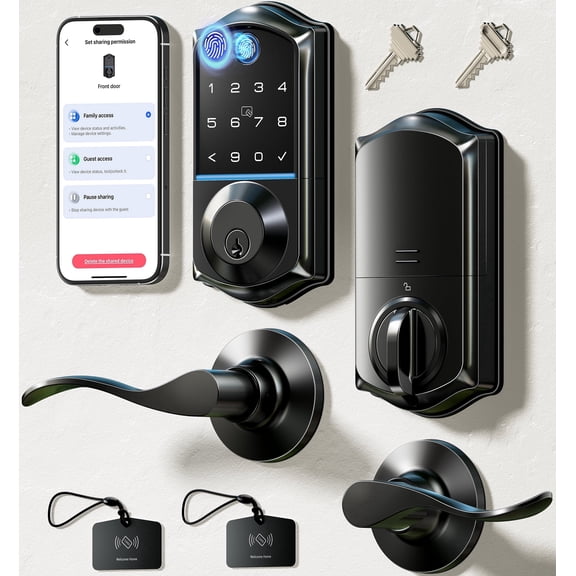 Veise VE017-L Fingerprint Smart Lock with Lever Handles, App Control, Keyless Entry Front Door Lock Set, Electronic Digital Keypad Deadbolt, Remote Grant, Emergency Power Port, Auto Lock, Matte Black