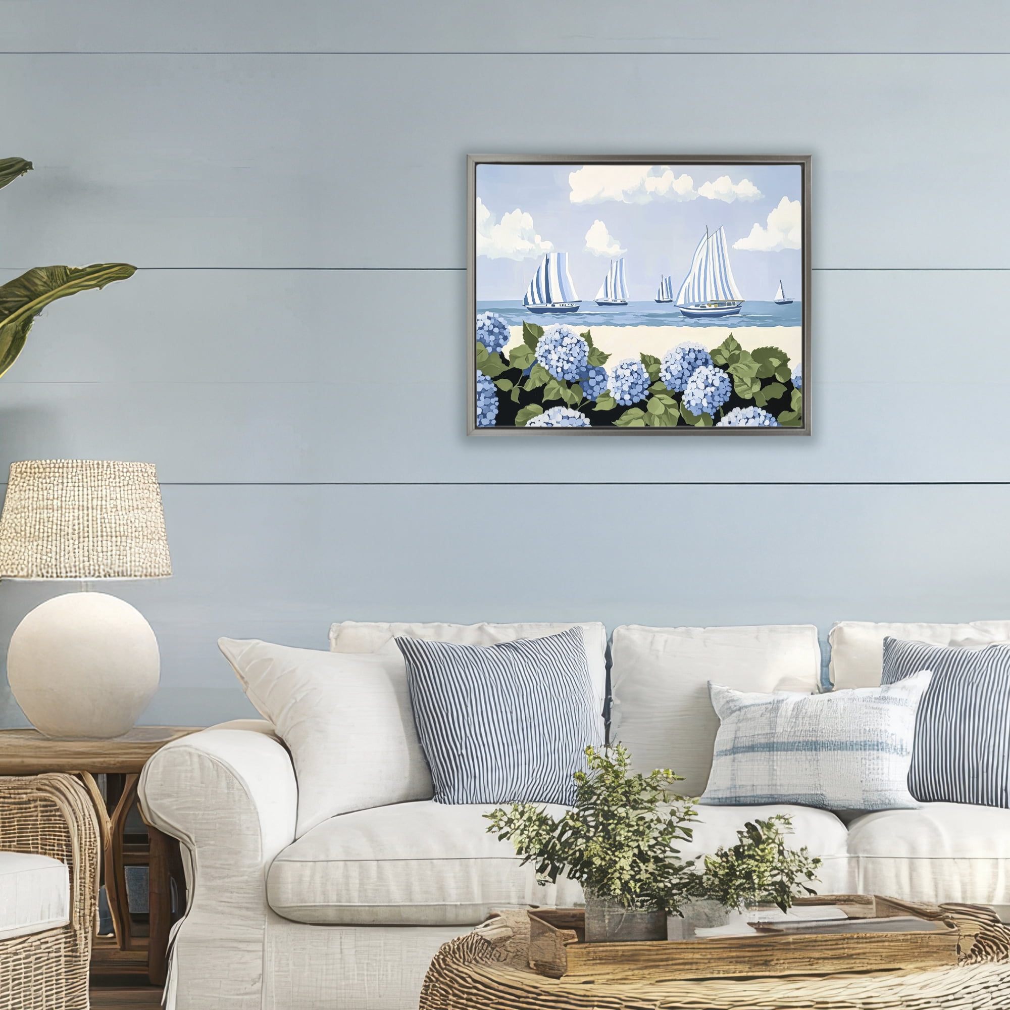 Stupell Industries Striped Sails & Seaside Hydrangeas Gray Framed Floater Canvas Wall Art, design by Sisi and Seb
